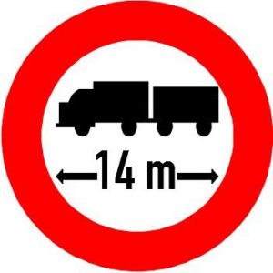 Biển báo P.120 - Hạn chế chiều dài xe cơ giới kéo theo rơ-moóc hoặc sơ-mi rơ-moóc